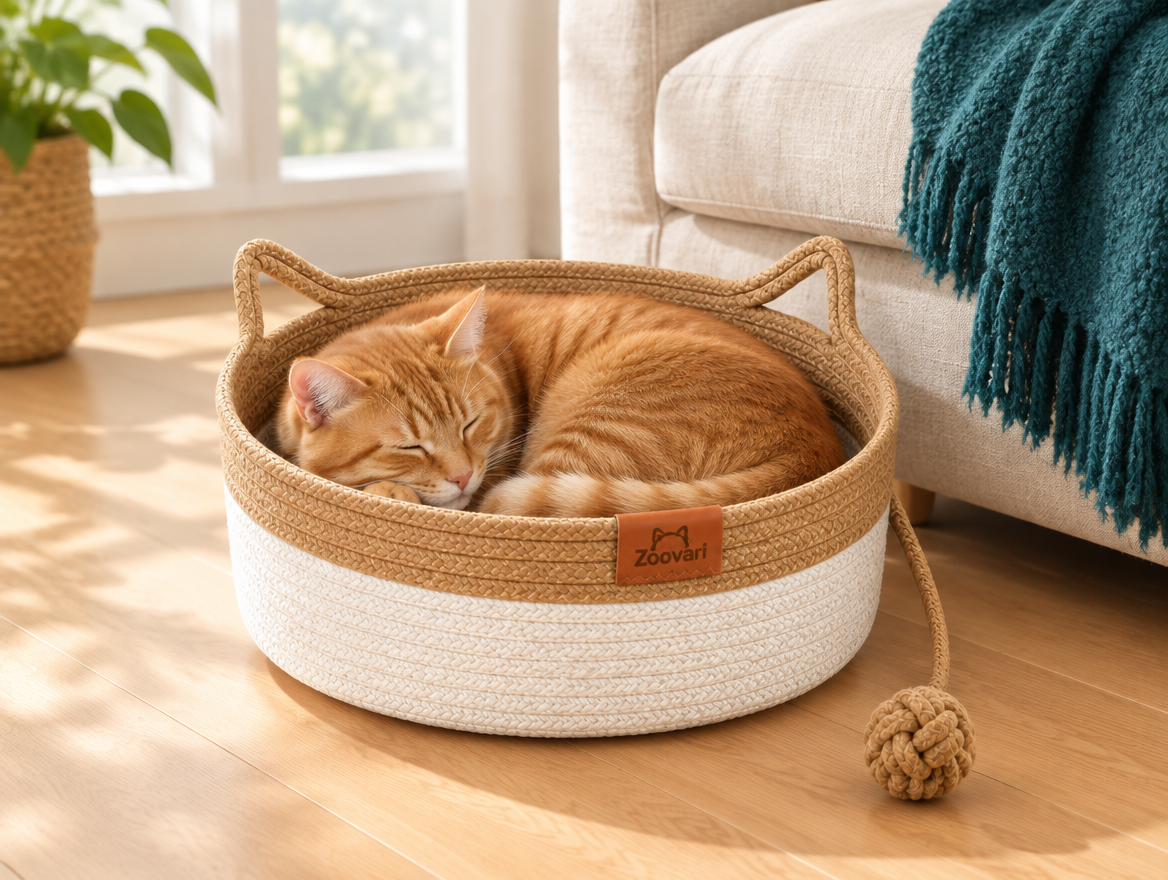 Ginger cat sleeping in a brown woven rope cat bed beside a sofa