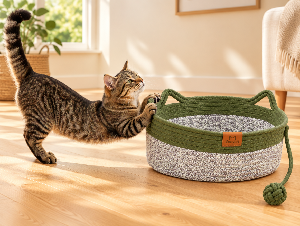 Tabby cat stretching and scratching an olive green woven rope cat scratcher bed