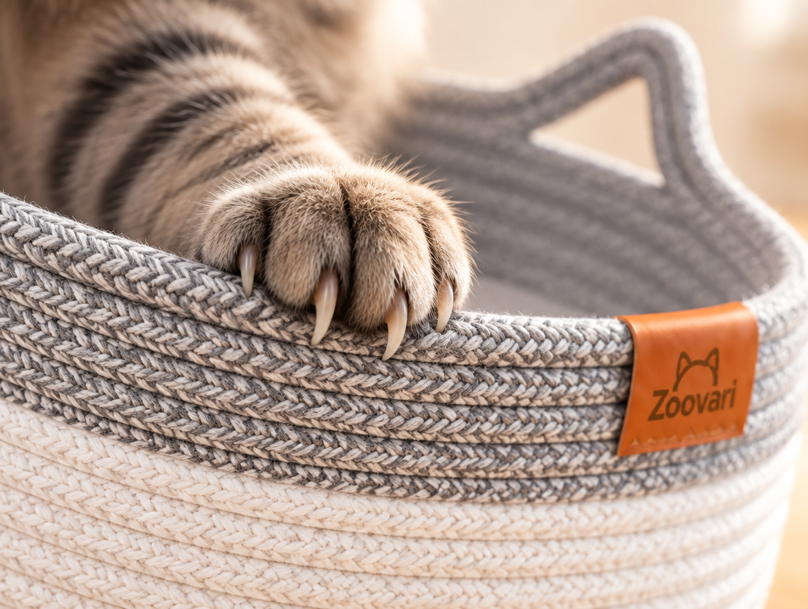Close-up of a cat's claws gripping the rim of a grey woven rope cat scratche