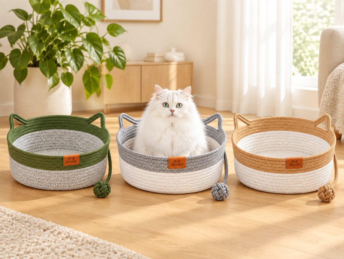 Olive green, grey and brown woven rope cat scratcher beds with a white cat